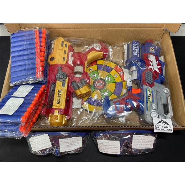 Lot of 1 Nerf-Gun Style Play Toy Set - Includes 2 Guns, Foam Nerf Darts, Dart Board, etc.