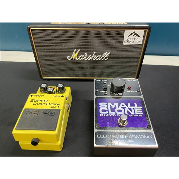 Lot of 1 Marshall Stockwell Bluetooth Speaker & 2 Guitar Effect Pedals; BOSS Overdrive & Small Clone