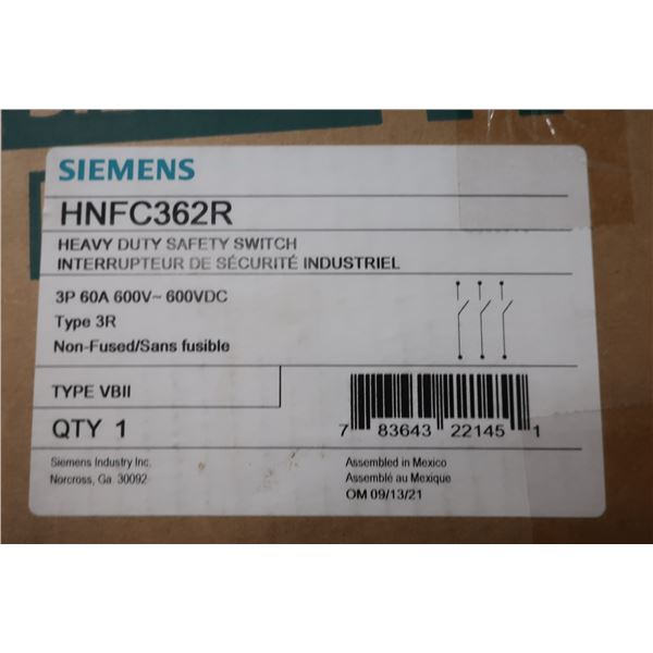 INTERRUPTEUR DE SÉCURITÉ INDUSTRIEL SIEMENS HNFC362R 3 POLES 60a, 600v