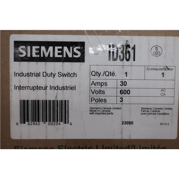 INTERRUPTEUR DE SÉCURITÉ INDUSTRIEL SIEMENS ID361 600v, 30a, 3 POLES