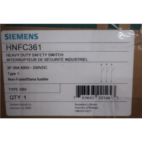 INTERRUPTEUR DE SÉCURITÉ INDUSTRIEL SIEMENS HNFC361R 30a 3-POLES 600v