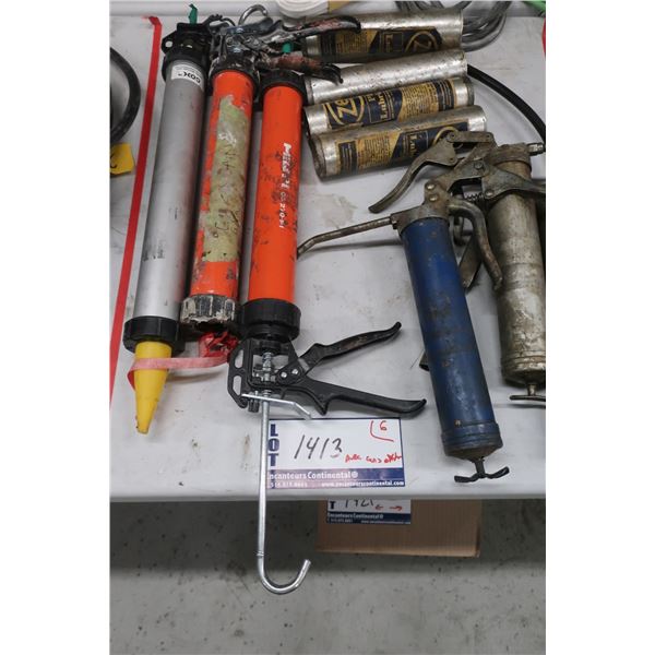 LOT: 6 PISTOLETS DE CALAGE ET DE LUBRIFICATION AVEC 4 TUBES ZEP