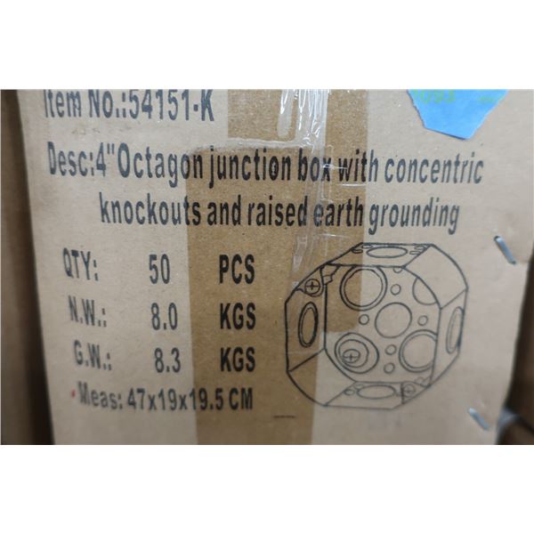 BTE DE 50pcs 4" OCTAGON EXTENTION JUNCTION BOX WITH CONCENTRIC KNOCKOUTS AND RAISED EARTH GROUNDING 