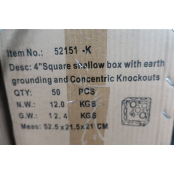 BTE DE 50pcs 4" SQUARE SHALLOW BOX WITH EARTH GROUNDING AND CONCENTRIC KNOCKOUT #52151-K