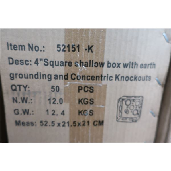 BTE DE 50pcs 4" SQUARE SHALLOW BOX WITH EARTH GROUNDING AND CONCENTRIC KNOCKOUT #52151-K