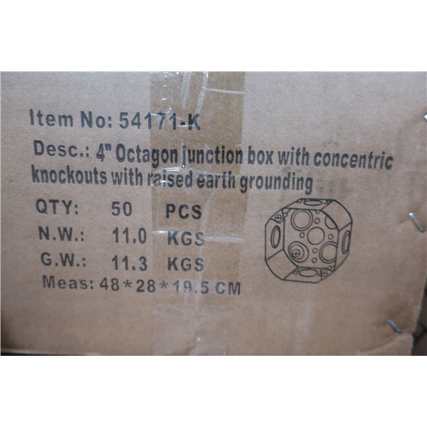 BTE DE 50pcs 4" OCTOGON JUNCTION BOX WITH CONCENTRIC KNOCKOUT WITH RAISED EARTH GROUNDING #54171-K