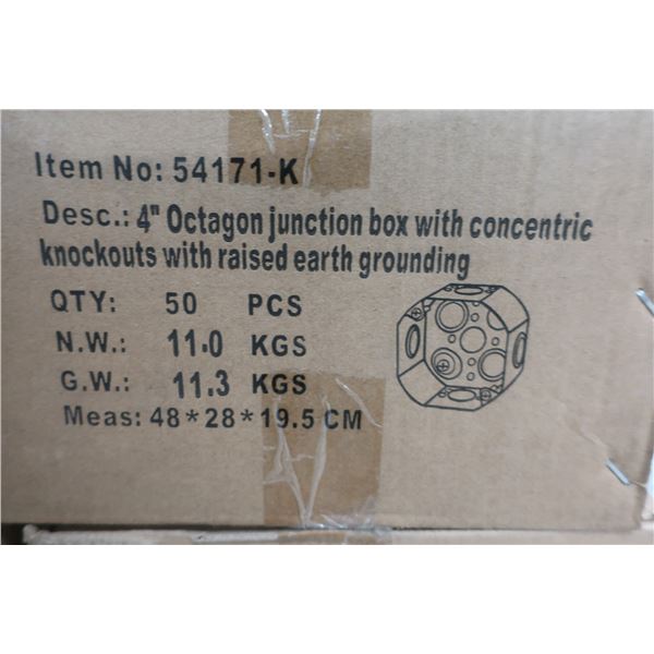 BTE DE 50pcs 4" OCTOGON JUNCTION BOX WITH CONCENTRIC KNOCKOUT WITH RAISED EARTH GROUNDING #54171-K