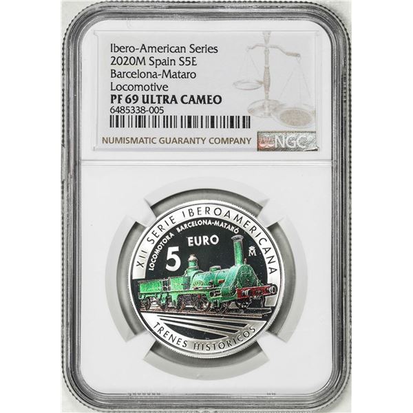 2020M Spain 5 Euros Barcelona Locomotive Train Proof Silver Coin NGC PF69 Ultra Cameo