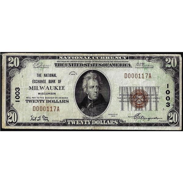 1929 $20 National Exchange Bank Milwaukee, Wisconsin CH# 1003 National Currency Note