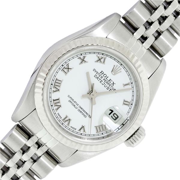 Rolex Ladies Stainless Steel White Roman Datejust Wristwatch With Rolex Box