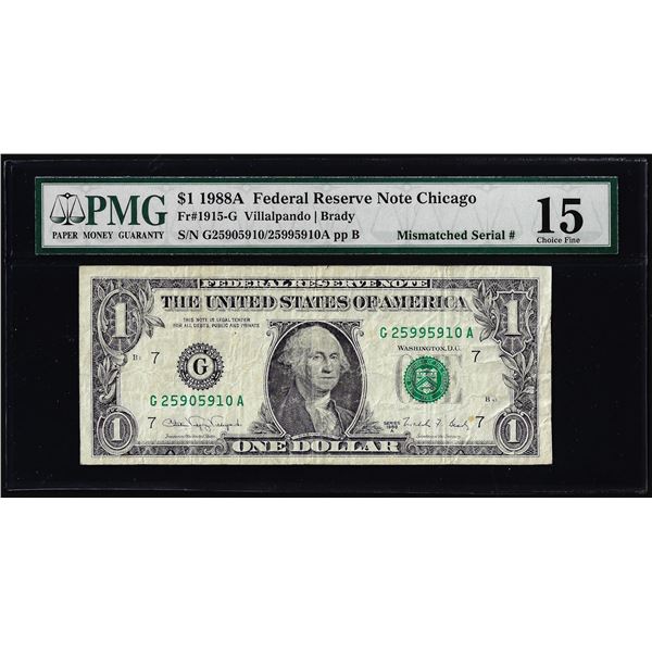 1988A $1 Federal Reserve Note Mismatched Serial Number Error Fr.1915-G PMG Ch. Fine 15