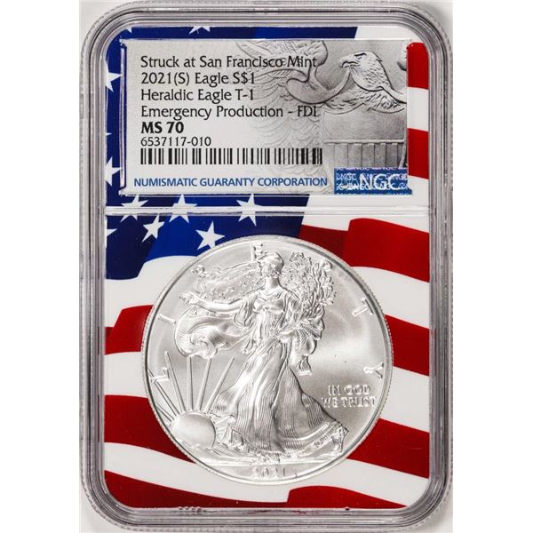 2021(S) Type 1 $1 American Silver Eagle Coin NGC MS70 FDI San Francisco Flag Core