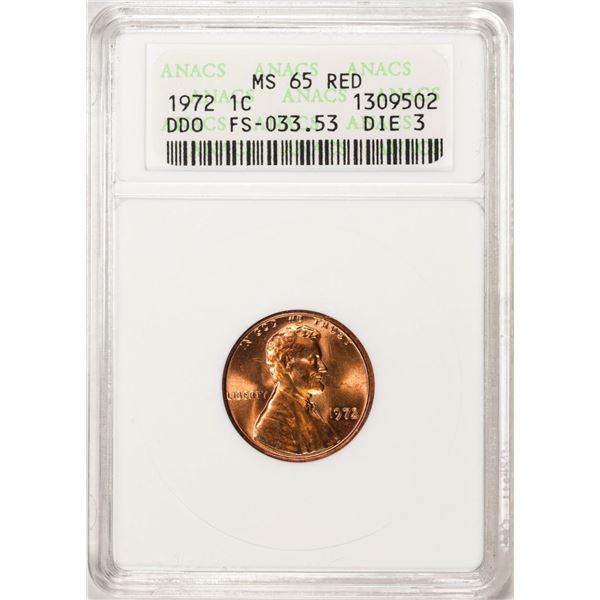 1972 DDO FS-033.53 Die 3 Lincoln Memorial Cent Coin ANACS MS65 Red