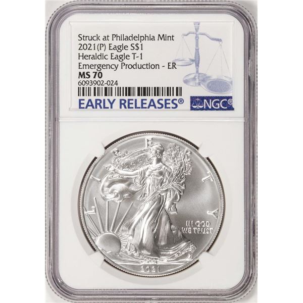 2021-(P) Type 1 $1 Heraldic American Silver Eagle Coin NGC MS70 Philadelphia Mint ER