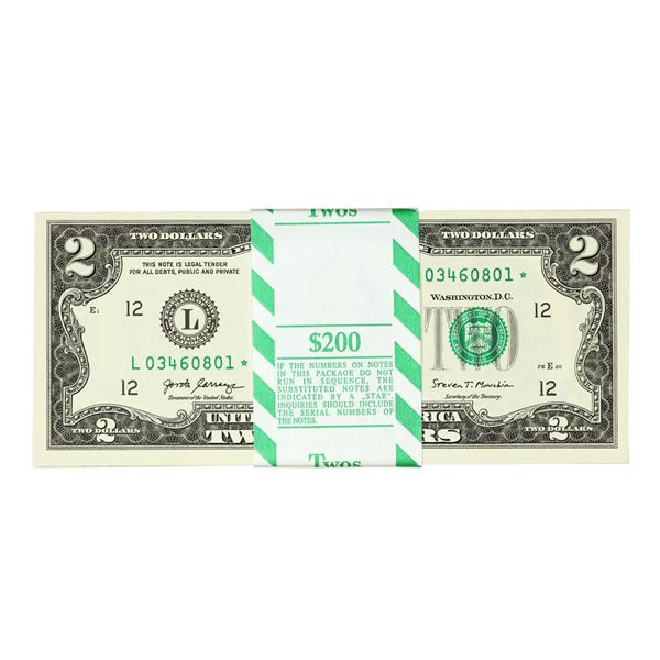 Pack of (100) Consecutive 2017A $2 Federal Reserve Star Notes San Francisco