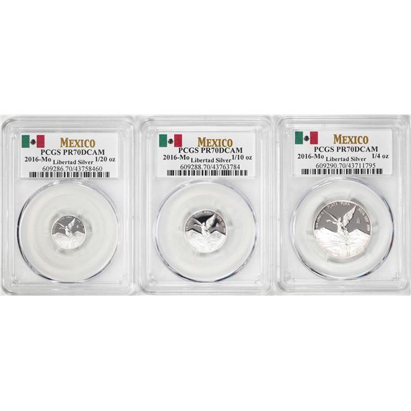 Lot of 2016-Mo Mexico Proof 1/20, 1/10 and 1/4 oz Silver Libertad Coins PCGS PR69DCAM