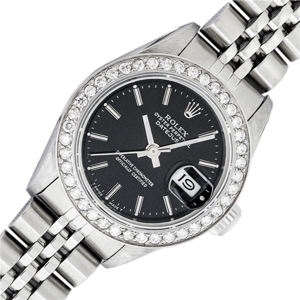 Rolex Ladies Stainless Steel Black Index Diamond Datejust Wristwatch
