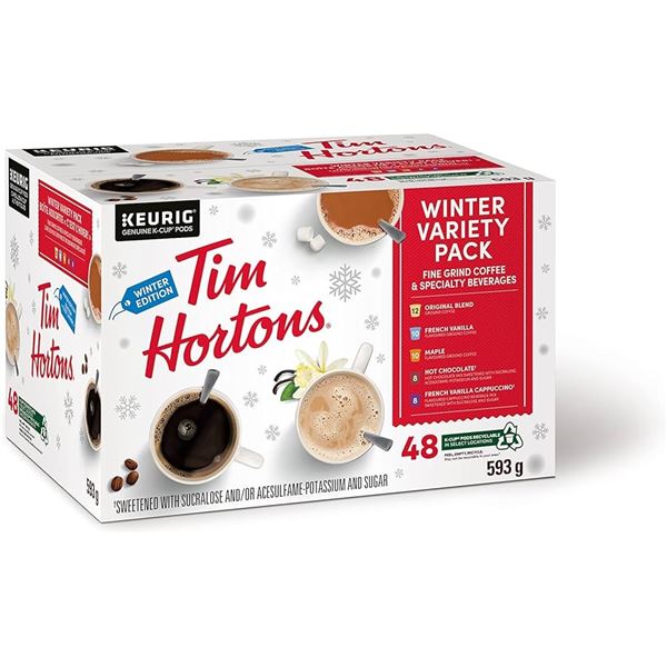 BOX W/48 TIM HORTENS WINTER VARIETY COFFEE K-CUPS