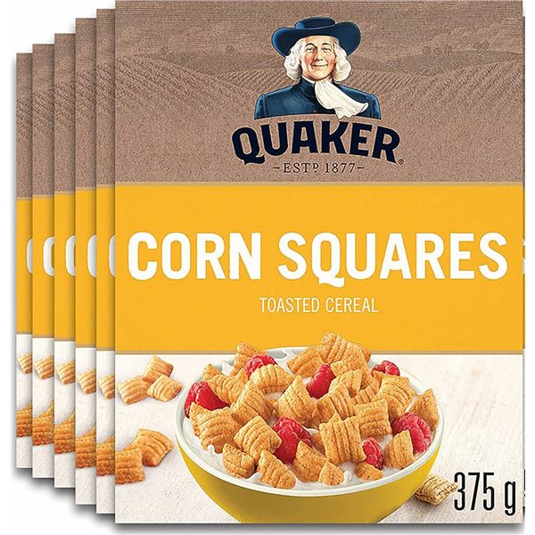 NEW CASE OF 6 QUAKER CORN SQUARES CEREAL  - 375G