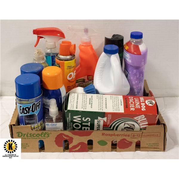 BOX OF SURPLUS HOME CLEANERS MOSTLY FULL OR NEW