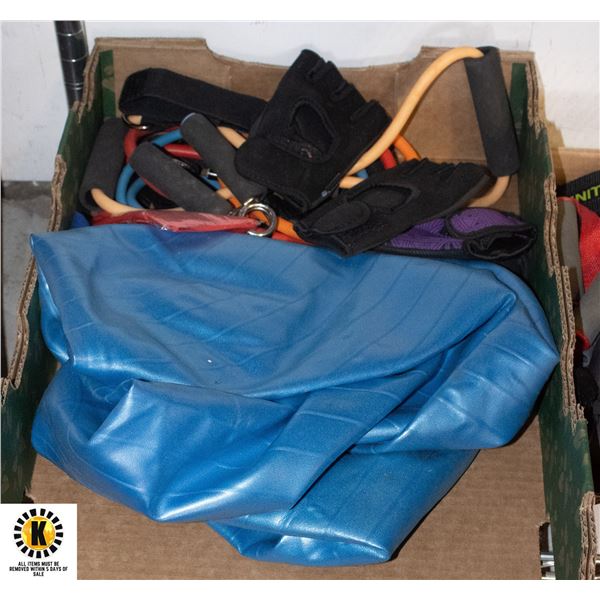 FLAT WITH YOGA BALL, WORK OUT GLOVES, AND