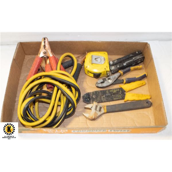 FLAT WITH BOOSTER CABLES AND ASSORTED TOOLS