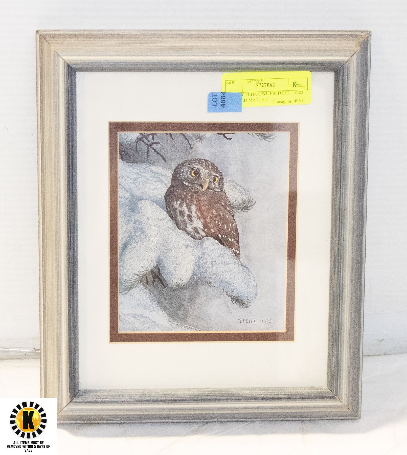 Artist R Fehr RANDY FEHR OWL PICTURE - 1983 FRAMED MATTED
