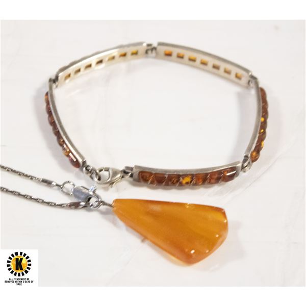 VINTAGE 925 SILVER/AMBER BRACELT & PENDANT
