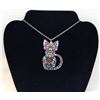 Image 1 : 24)  MULTI COLORED BOHO CAT PENDANT ON 24" CHAIN.