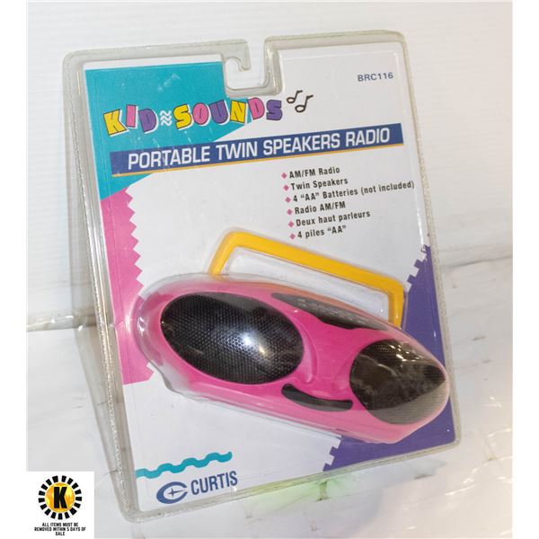 NEW PORTABLE TWIN SPEAKER RADIO, PINK AND PURPLE