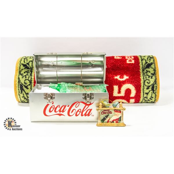 COCA COLA LUNCH BOX, FILLED WITH ORNAMENTS, RUG