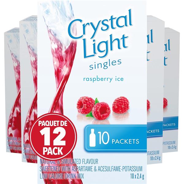 NEW CASE OF 12 BOXES OF 10 CRYSTAL LIGHT RASPBERRY
