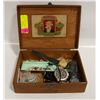 CIGAR BOX WITH ESTATE LAPEL PINS, WATCHES, & MORE