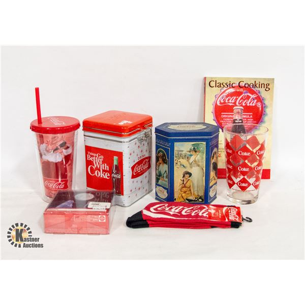 LOT OF COCA COLA COLLECTABLES TINS, CUPS, SOCKS