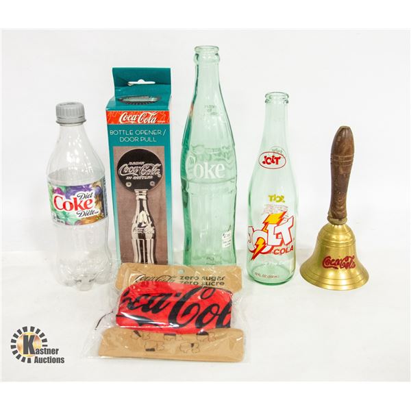 LOT OF COCA COLA COLLECTABLES, BOTTLES, OPENER,