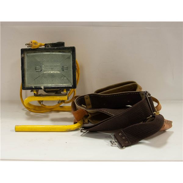LEATHER TOOL BELT & HALOGEN WORK LIGHT