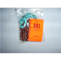 2 items: 1 7mm hand knotted jasper necklace, 30"; 1 strand 4mm X 11mm turquoise beads