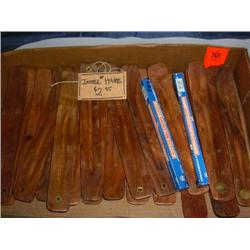 Misc: 20 wood & 2 brass-inlaid incense burners. 2 boxes nag-champa incense