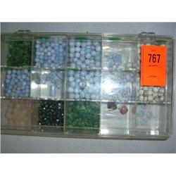 Box of semi-precious stone beads. Chips, carved & 8mm-10mm round.