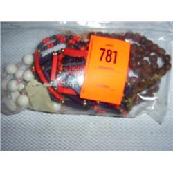 3 necklaces: 1 dyed bone, 3 strands, very nice, 30"; 1 12mm dolomite with 6mm rose quartz separators