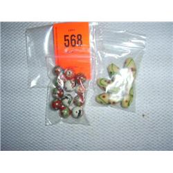 17 beads: 12 hand painted porcelyn; 5 trail design glass beads