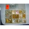 Image 1 : Box of findings. Assorted hardware, including eyepins, clasps, acculon cable, earring parts, crimps,