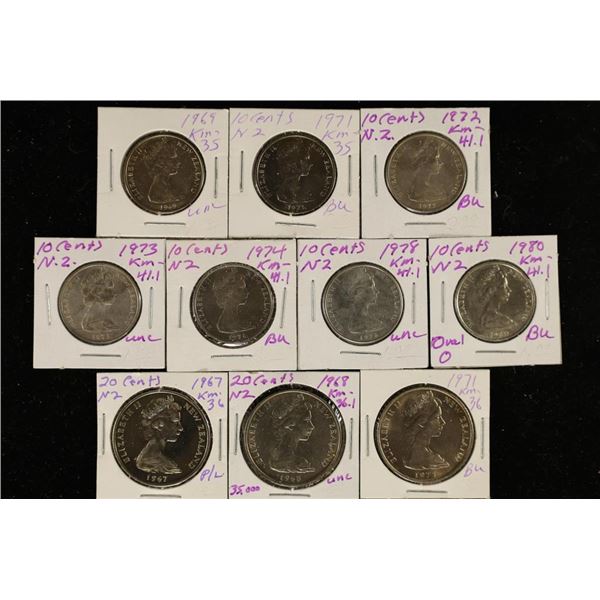 10 AUSTRALIA BRILLIANT UNC COINS: 7-10 CENTS (1969