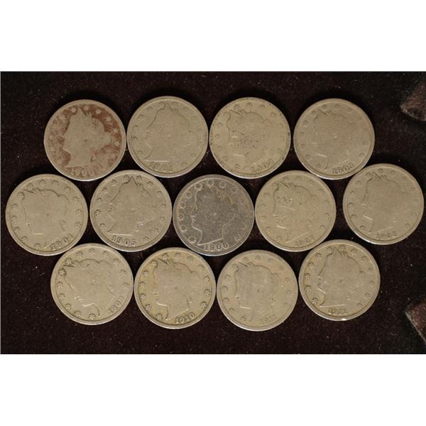 13 LIBERTY "V" NICKELS 1900-1912 ONE OF EACH