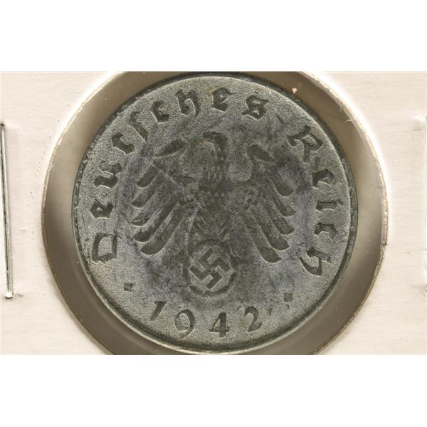 1942-D GERMAN 10 REICHSPFENNIG WITH SWASTIKA