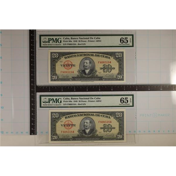 2-1949 CUBA 20 PESO BILLS.  BOTH PMG 65 GEM UNC