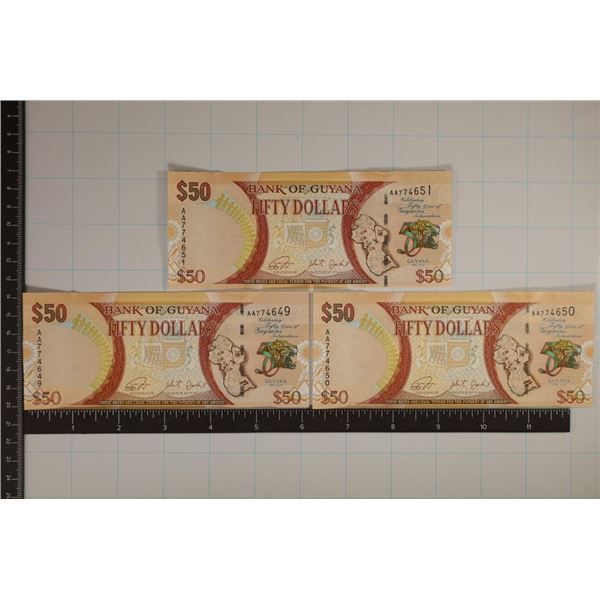 3 GUYANA 50 DOLLAR CRISP UNC COLORIZED POLYMER