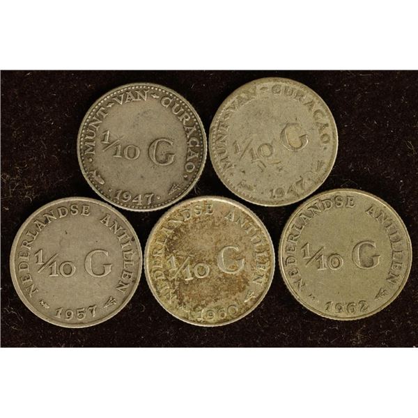 5 NETHERLANDS ANTILLES 1/10 SILVER GULDENS