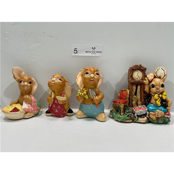 4 Collectible Pendelfin Bunny Figurines, "Pieface, Bongo, Blossom, Horace"
