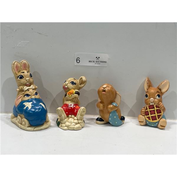 4 Collectible Pendelfin Bunny Figurines, "Polly/Anna, Solo, Picnic Midge"